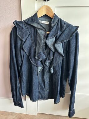 Zara Dark Indigo Denim Ruffle Top